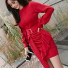 Balloon-sleeve Ruffle Knit Dress