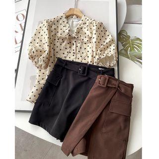 Short-sleeve Polka Dot Tie-neck Blouse / Plain Skort
