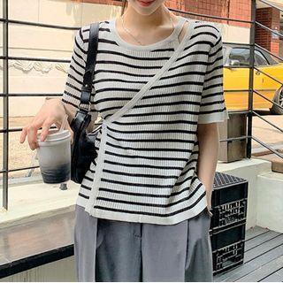 Mock Two-piece Short-sleeve Striped T-shirt Stripes - Black & White - One Size
