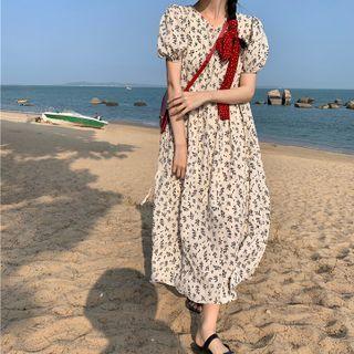 Short-sleeve Floral Print Midi Dress Green Floral - Beige - One Size