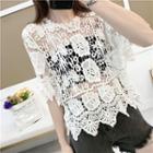 Short-sleeve Crochet Knit Top White - One Size