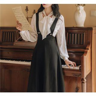 Set: Plain Tie-neck Blouse + Midi Suspender Skirt