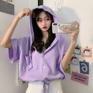 Drawstring-cuff Hooded Elbow-sleeve Shirt Jacket