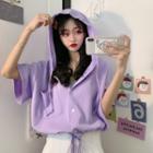 Drawstring-cuff Hooded Elbow-sleeve Shirt Jacket