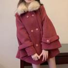 Furry Collar Double-breasted Coat Red - One Size