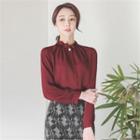 Frill-neck Faux-pearl Button Blouse
