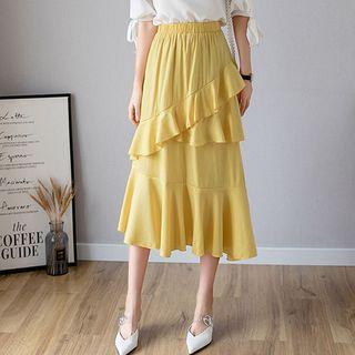 High-waist Asymmetric Ruffled Layered Midi Skirt
