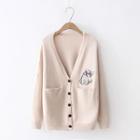 Cat Embroidered Pocketed Cardigan