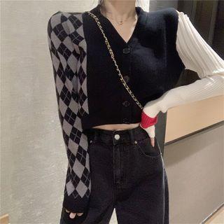 Argyle Panel Cold-shoulder Cropped Cardigan As Shown In Figure - One Size