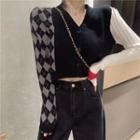 Argyle Panel Cold-shoulder Cropped Cardigan As Shown In Figure - One Size