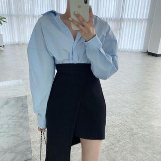Puff-sleeve Shirt / Asymmetrical Pencil Skirt