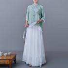 3/4-sleeve Flower Embroidered Hanfu Blouse / Maxi A-line Skirt