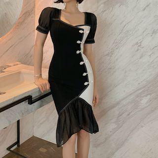 Two-tone Puff-sleeve Mesh Hem Sheath Dress