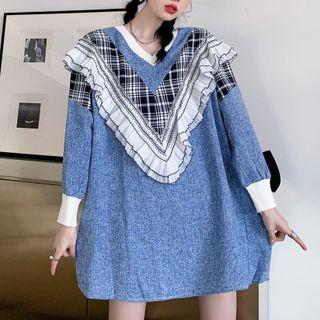 Contrast Trim Ruffle V-neck Plaid Panel Dress