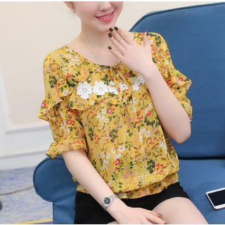 Printed Frilled Elbow-sleeve Chiffon Top