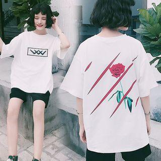 Flower Print Back Elbow Sleeve T-shirt