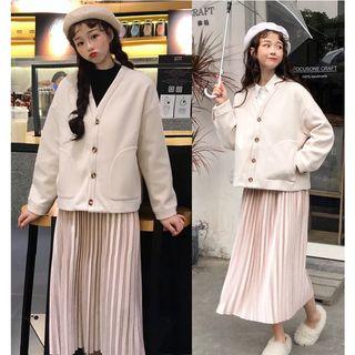 Button Jacket / Midi Accordion Pleated Skirt