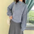 Mock-neck Sweater / High Waist Midi A-line Knit Skirt