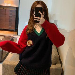 Loose-fit Colorblock Knit Sweater / Knit Harem Pants