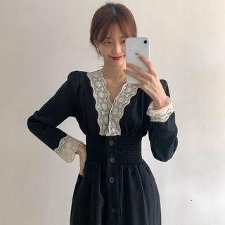 Lace Trim Balloon-sleeve Midi A-line Dress Black - One Size
