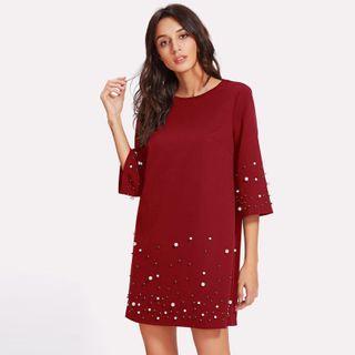 Elbow-sleeve Faux Pearl A-line Dress