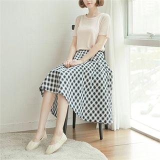 Band-waist Gingham A-line Skirt