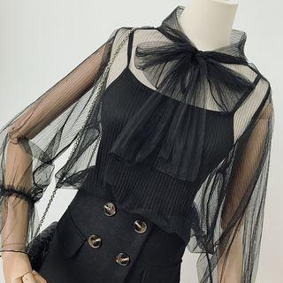 Set: Tie-neck Mesh Blouse + Camisole