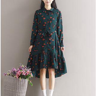 Floral Print Collared Long Sleeve Dip-back Dress