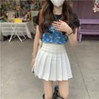 Short-sleeve Plain T-shirt / Floral Camisole / High-waist Pleated Skirt
