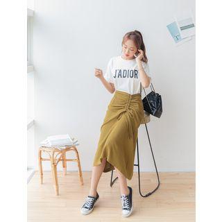 Drawstring-front Linen Blend Long Skirt