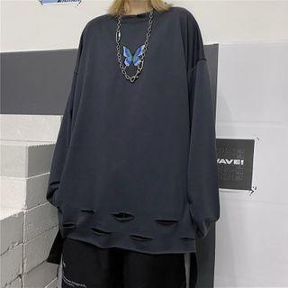Butterfly Embroidered Long-sleeve Distressed T-shirt