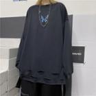 Butterfly Embroidered Long-sleeve Distressed T-shirt