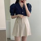 Contrast Stitching Puff-sleeve Blouse / High-waist Mini A-line Skirt