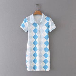 Short-sleeve Polo Collar Argyle Bodycon Dress