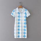 Short-sleeve Polo Collar Argyle Bodycon Dress