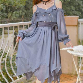 Set: Spaghetti Strap Double Breasted Midi Dress + Arm Sleeves