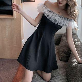 Off-shoulder Lace Ruffled Midi A-line Dress
