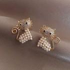 925 Sterling Silver Faux Pearl Cat Stud Earring 1 Pair - Gold - One Size