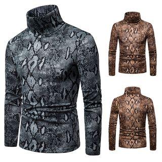 Mock Neck Snake Patterned Long-sleeve Knit Top
