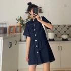 Contrast Stitching Denim Short-sleeve Mini A-line Shirtdress