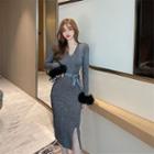 V-neck Slit Knit Midi Bodycon Dress Gray - One Size