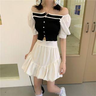 Short-sleeve Off-shoulder Button-up Knit Crop Top