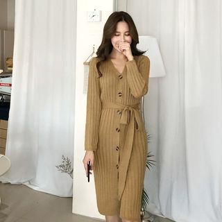 Button-front Knit Dress With Sash