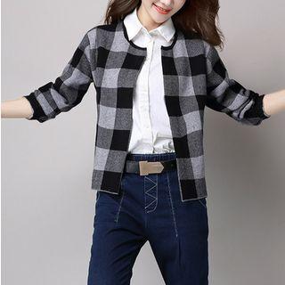 Plaid Open Front Knit Jacket