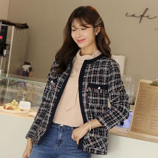 Round-neck Wool Blend Tweed Blazer