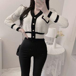 Cropped V-neck Faux Pearl Button Cardigan