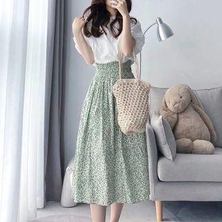 Set Of 2: Balloon-sleeve Top + Floral Midi Skirt