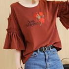 Flower Embroidered Cut Out Shoulder Elbow Sleeve T-shirt