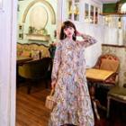 Long-sleeve Abstract Print Midi A-line Dress