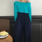 Plain Long-sleeve T-shirt / Spaghetti Strap Cropped Jumpsuit